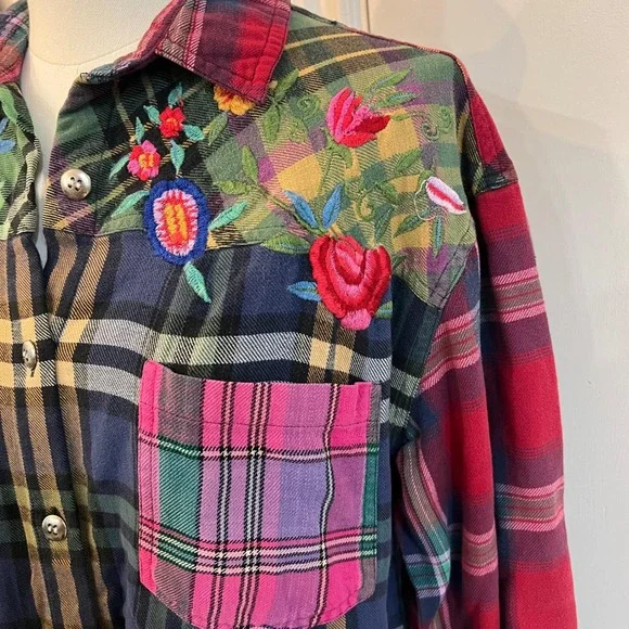 Vintage Patchwork Plaid Embroidered Shirt Cotton Button Up L Boho Western - Picture 5 of 8
